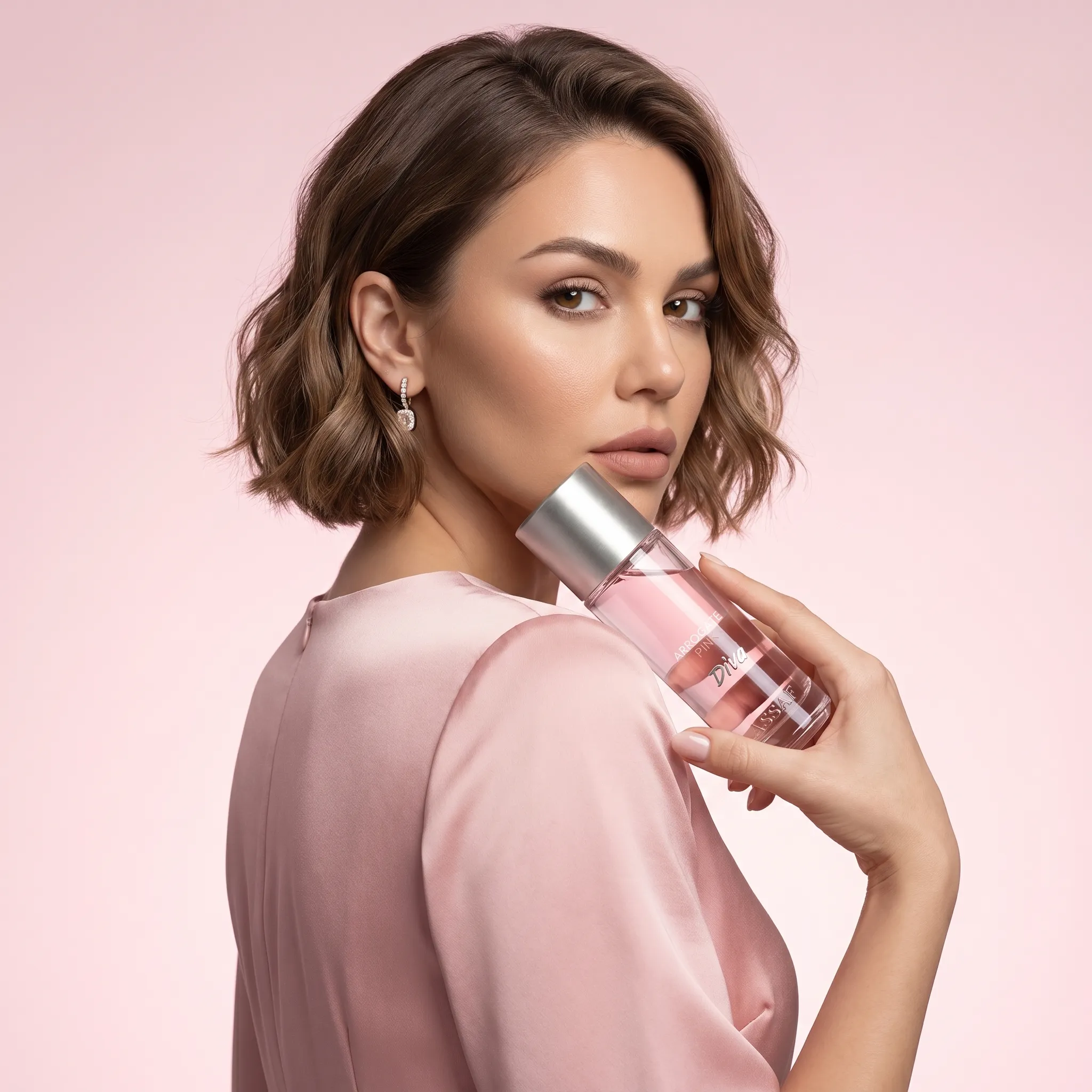 ASSAF Arrogate Pink Diva — close-up of perfume bottle pressed against model's face