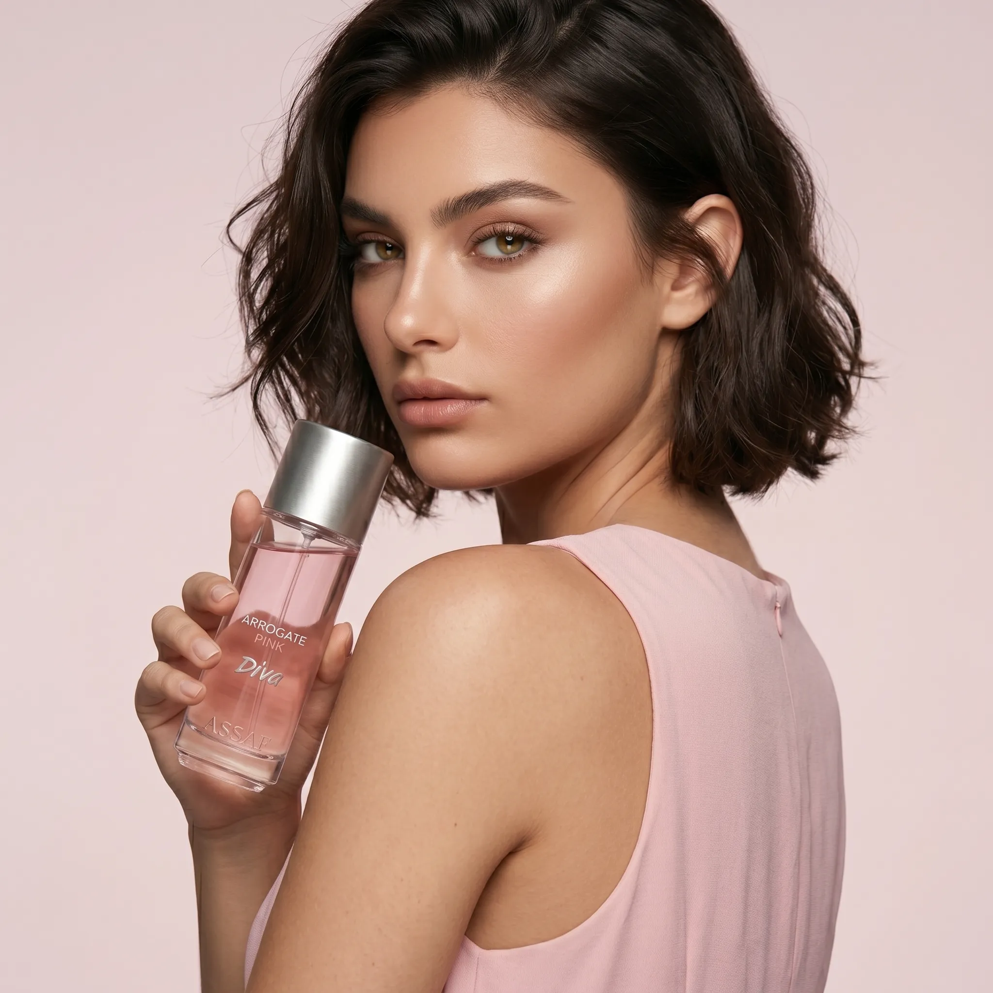 ASSAF Arrogate Pink Diva — model holding perfume bottle against pink background