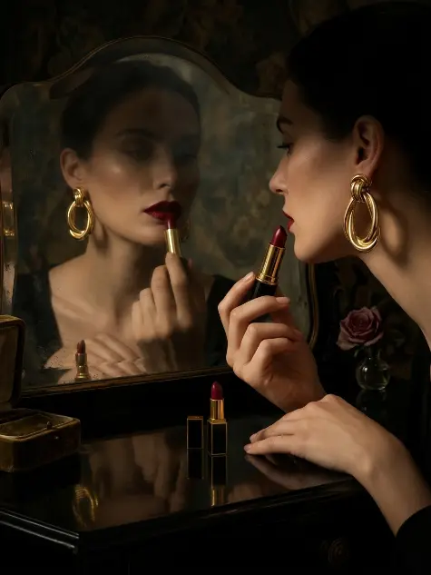 LUVA — woman applies deep crimson lipstick in dark mirror, wearing gold knot earrings